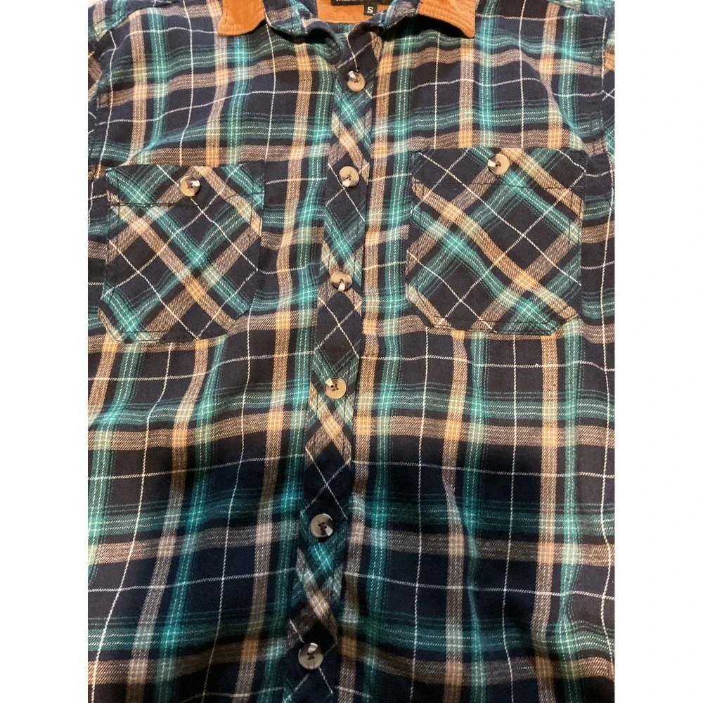 DRL‎ Essentials Plaid Flannel Corduroy Collar Elbow Patch Button Up Shirt Size S